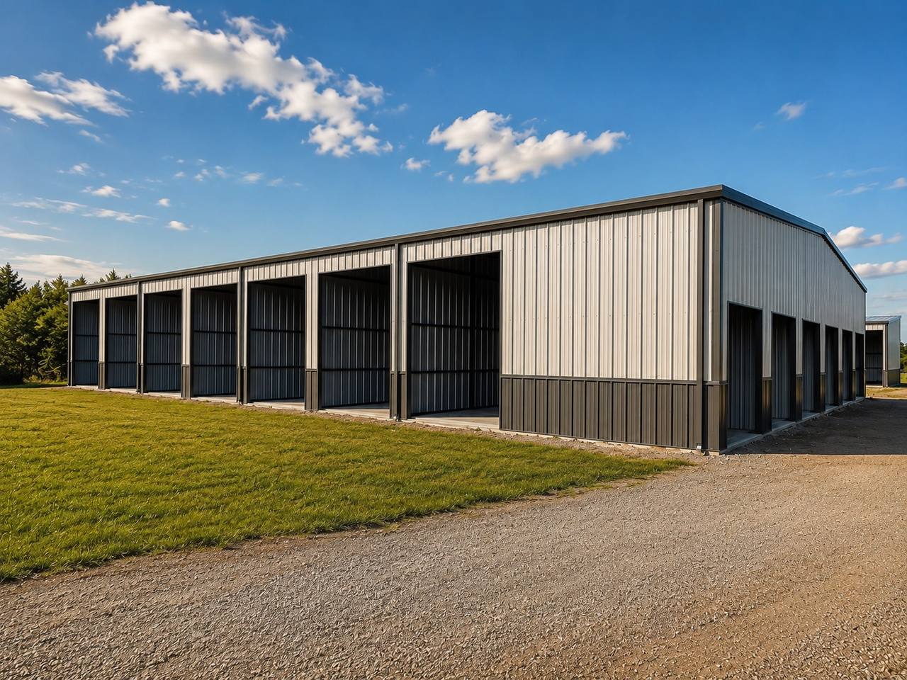 Commercial metal building with multiple bay openings